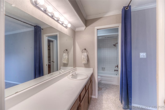 bathroom with shower / bathtub combination, ornamental molding, vanity, and toilet