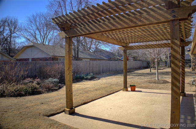 view of patio / terrace featuring a fenced backyard and a pergola