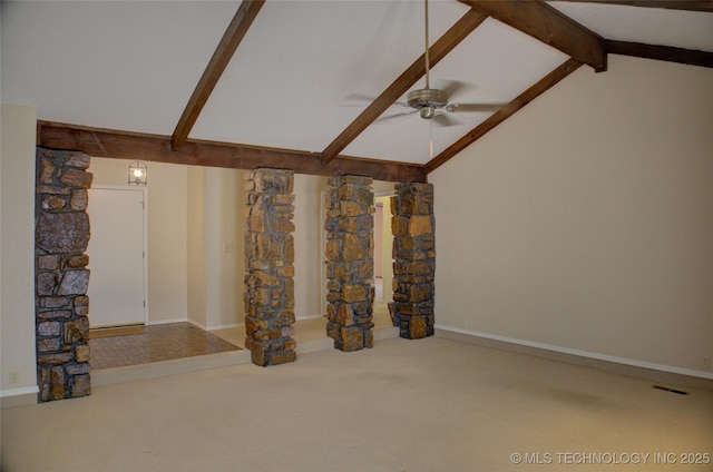 unfurnished living room featuring carpet, vaulted ceiling with beams, visible vents, a ceiling fan, and baseboards