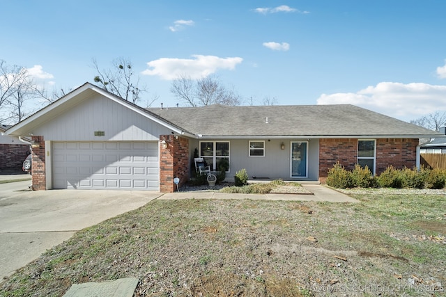 ranch-style house with a garage, brick siding, concrete driveway, roof with shingles, and a front yard