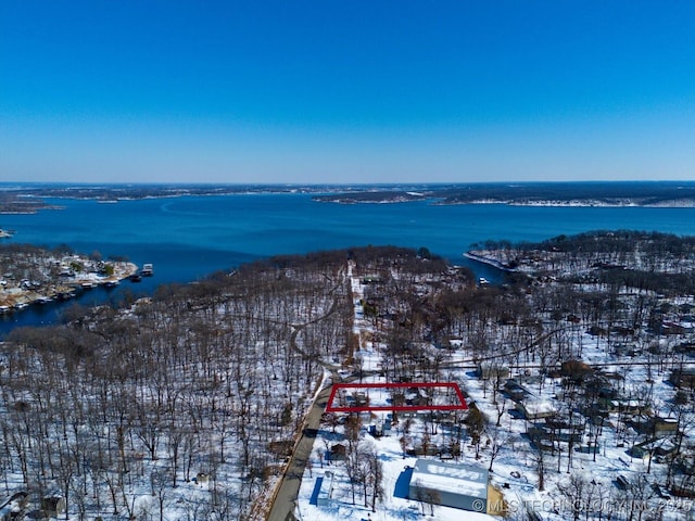 snowy aerial view with a water view