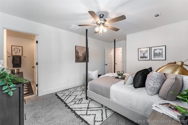 bedroom with carpet floors, baseboards, visible vents, and a ceiling fan