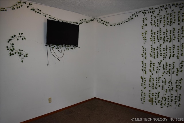 spare room with a textured ceiling, carpet, and baseboards