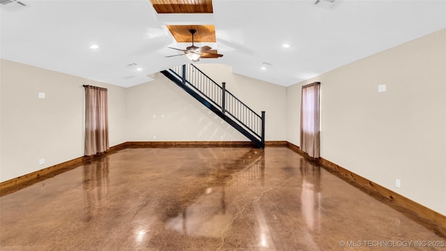 interior space with recessed lighting, a ceiling fan, visible vents, stairs, and baseboards