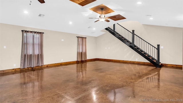 unfurnished living room with recessed lighting, visible vents, stairway, a ceiling fan, and baseboards