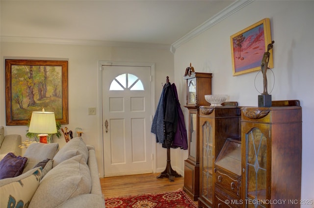 foyer featuring ornamental molding and wood finished floors