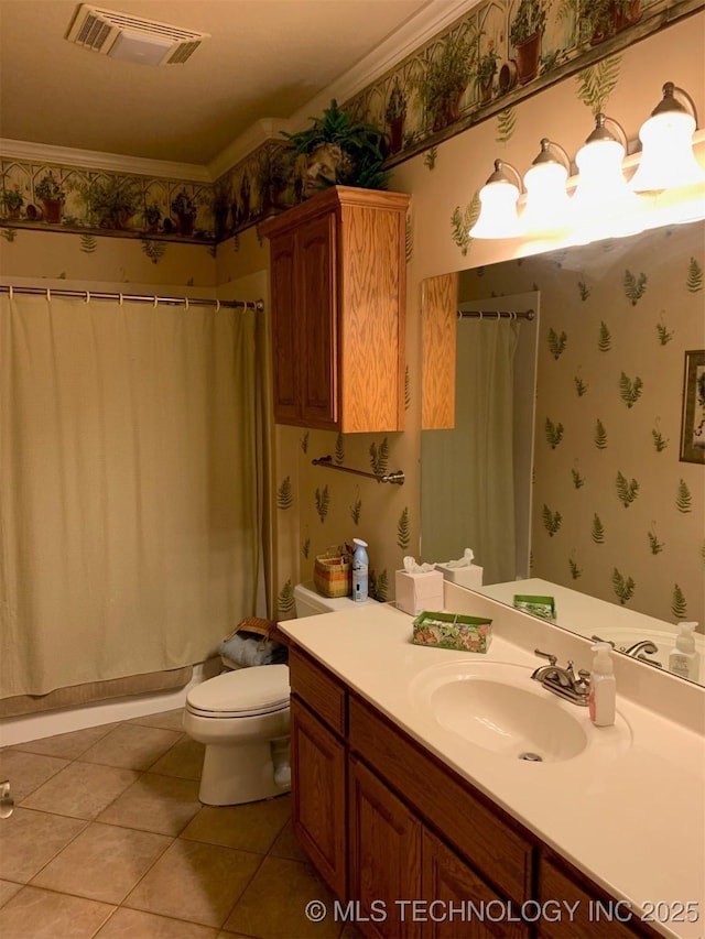 full bath with wallpapered walls, visible vents, toilet, tile patterned flooring, and vanity