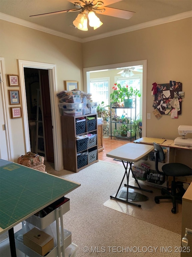 office area featuring ornamental molding and ceiling fan