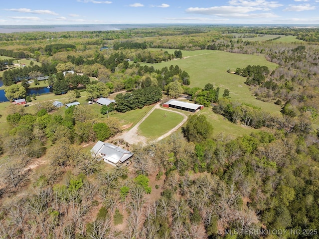 birds eye view of property featuring a wooded view