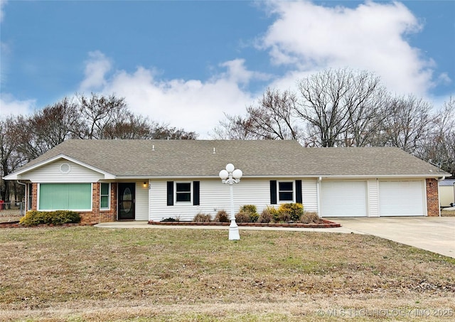 ranch-style house with brick siding, roof with shingles, concrete driveway, a garage, and a front lawn