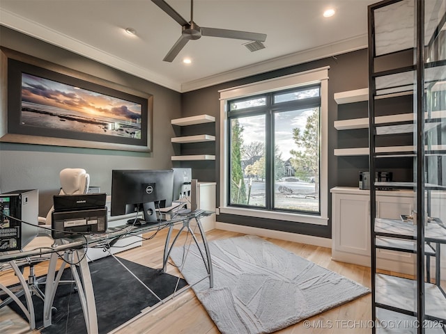 18420 E Persimmon Ln, Owasso, OK 74055 - office space featuring ceiling fan, light wood-style flooring, ornamental molding, and recessed lighting