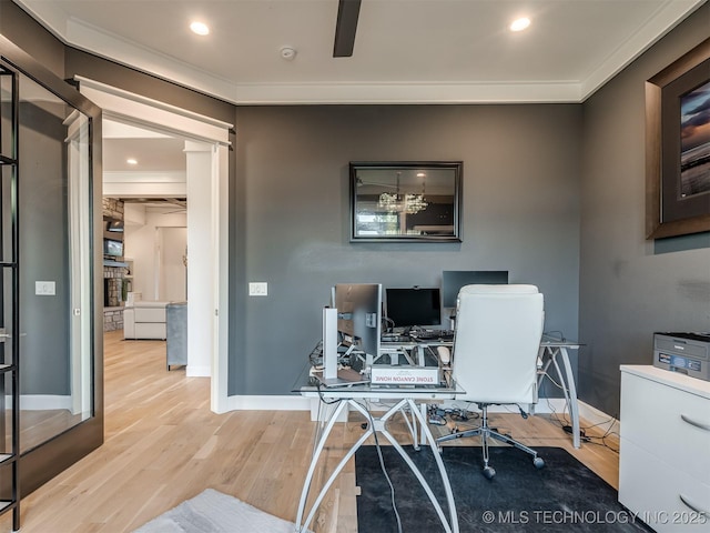 18420 E Persimmon Ln, Owasso, OK 74055 - office space featuring wood finished floors, ornamental molding, recessed lighting, and ceiling fan
