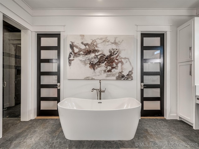 18420 E Persimmon Ln, Owasso, OK 74055 - full bathroom featuring a freestanding tub, crown molding, and a stall shower