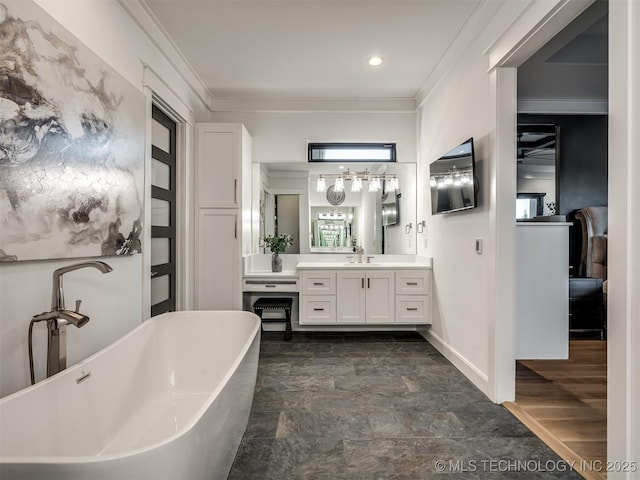 18420 E Persimmon Ln, Owasso, OK 74055 - full bathroom with crown molding, vanity, a freestanding bath, and stone finish flooring