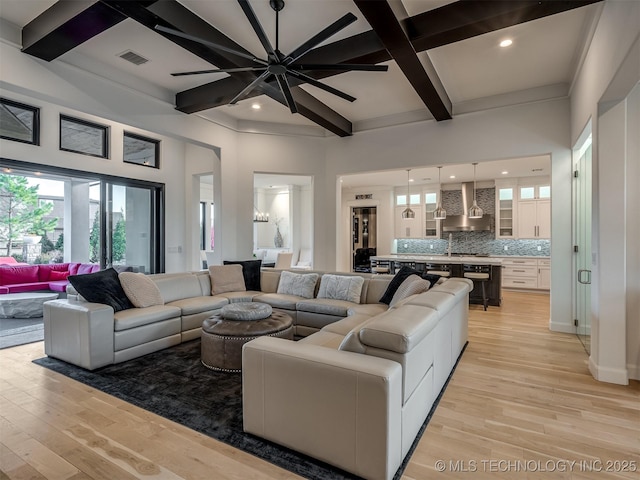18420 E Persimmon Ln, Owasso, OK 74055 - living room featuring coffered ceiling, light wood-type flooring, beam ceiling, plenty of natural light, and recessed lighting