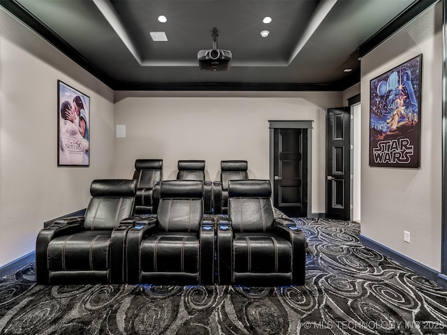 18420 E Persimmon Ln, Owasso, OK 74055 - cinema featuring a tray ceiling, carpet flooring, and recessed lighting
