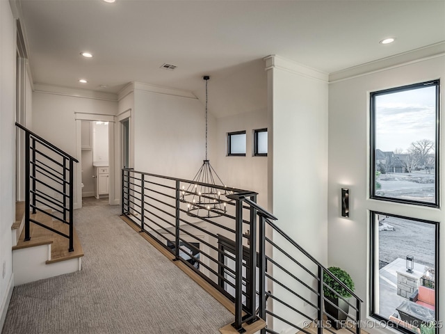 18420 E Persimmon Ln, Owasso, OK 74055 - staircase with recessed lighting, ornamental molding, and carpet flooring