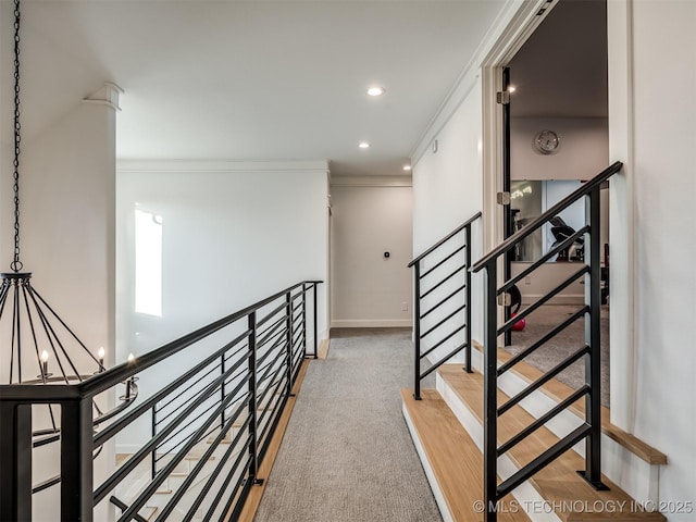18420 E Persimmon Ln, Owasso, OK 74055 - staircase with crown molding, carpet flooring, a chandelier, and recessed lighting