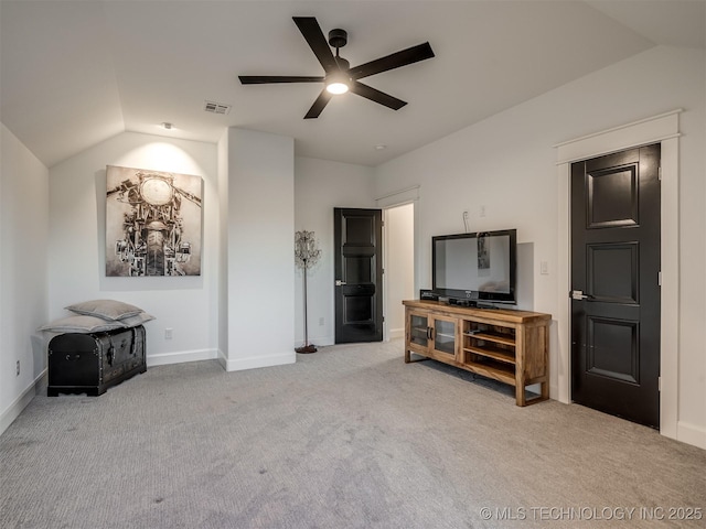 18420 E Persimmon Ln, Owasso, OK 74055 - living area with carpet floors, a ceiling fan, and lofted ceiling