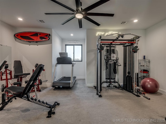 18420 E Persimmon Ln, Owasso, OK 74055 - exercise area with ceiling fan, recessed lighting, and carpet flooring
