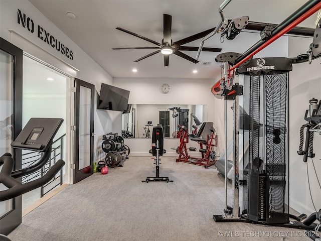 18420 E Persimmon Ln, Owasso, OK 74055 - workout area featuring ceiling fan, carpet floors, and recessed lighting
