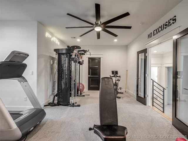 18420 E Persimmon Ln, Owasso, OK 74055 - exercise area featuring a ceiling fan, recessed lighting, and carpet flooring