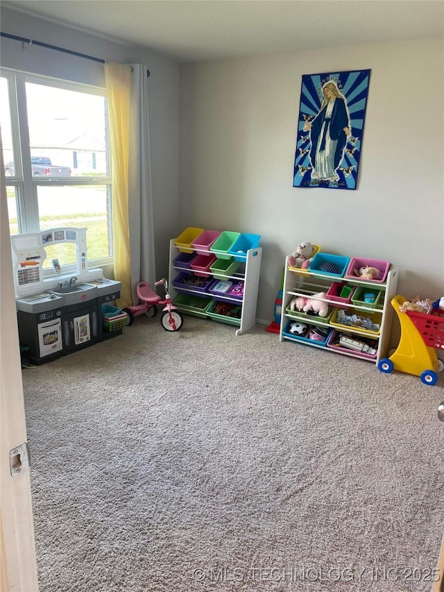 recreation room with carpet flooring