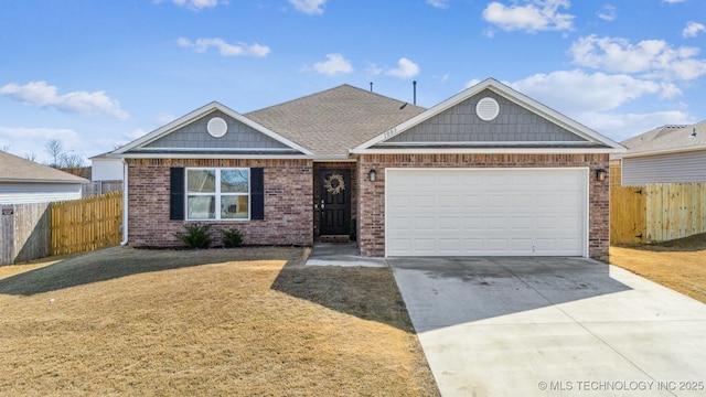 single story home with brick siding, an attached garage, a front yard, fence, and driveway