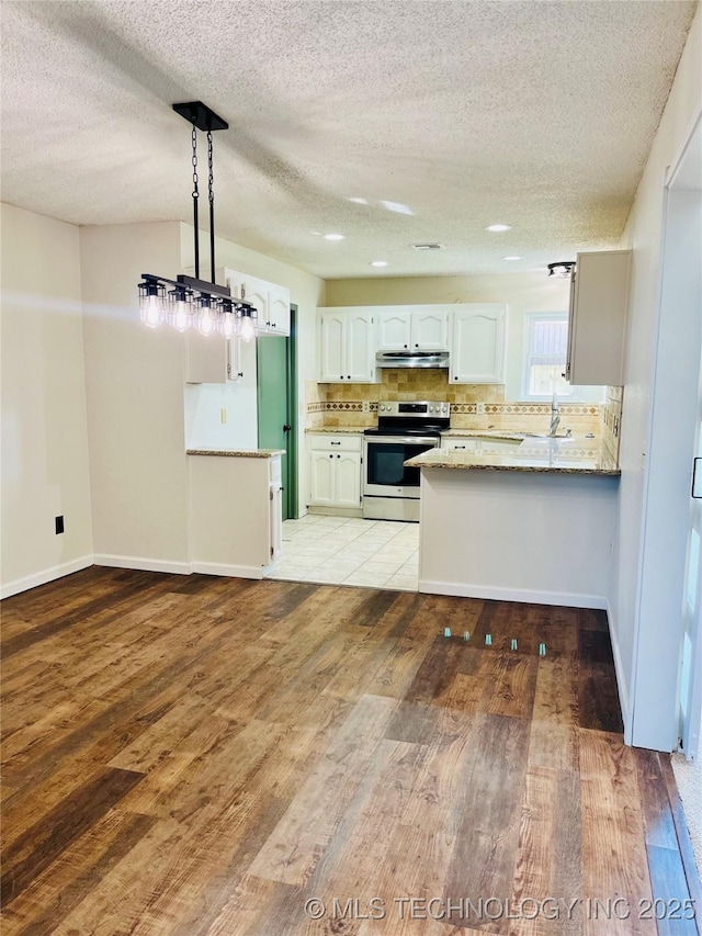 kitchen featuring backsplash, light wood-style flooring, a peninsula, stainless steel range with electric stovetop, and under cabinet range hood