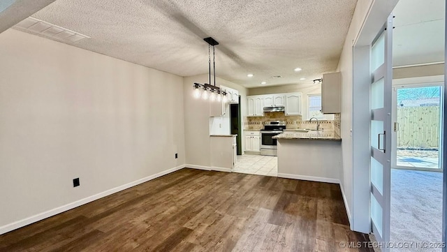 kitchen with wood finished floors, a sink, under cabinet range hood, stainless steel range with electric stovetop, and backsplash