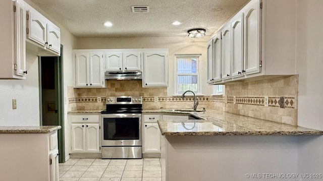 kitchen featuring stainless steel range with electric cooktop, a sink, a peninsula, light stone countertops, and under cabinet range hood