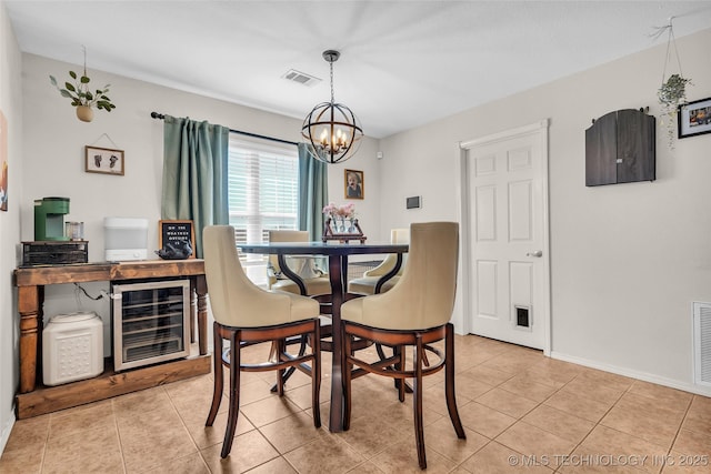 dining area featuring light tile patterned floors, beverage cooler, visible vents, and an inviting chandelier