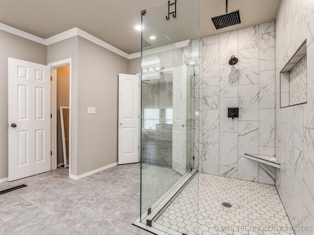 bathroom featuring visible vents, crown molding, and tiled shower