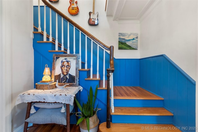 staircase featuring crown molding and wainscoting