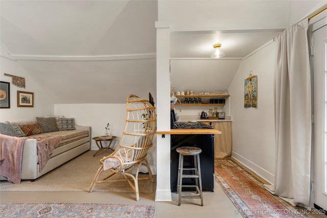 bar featuring lofted ceiling, baseboards, and a bar