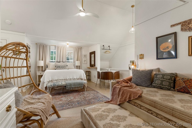 bedroom featuring ceiling fan and high vaulted ceiling