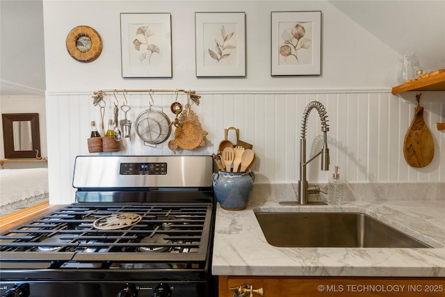 details featuring a sink, light stone counters, and stainless steel range with gas stovetop