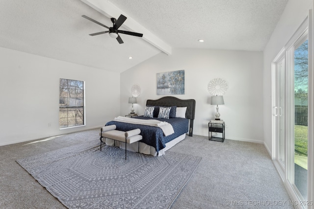 carpeted bedroom featuring lofted ceiling with beams, a textured ceiling, recessed lighting, a ceiling fan, and baseboards