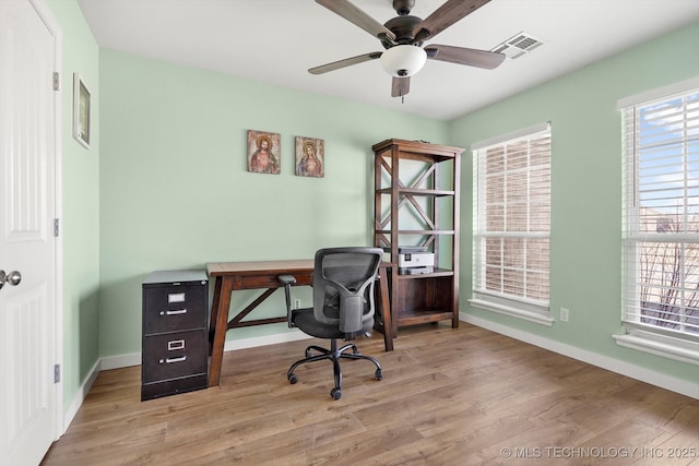 office featuring a ceiling fan, visible vents, baseboards, and wood finished floors