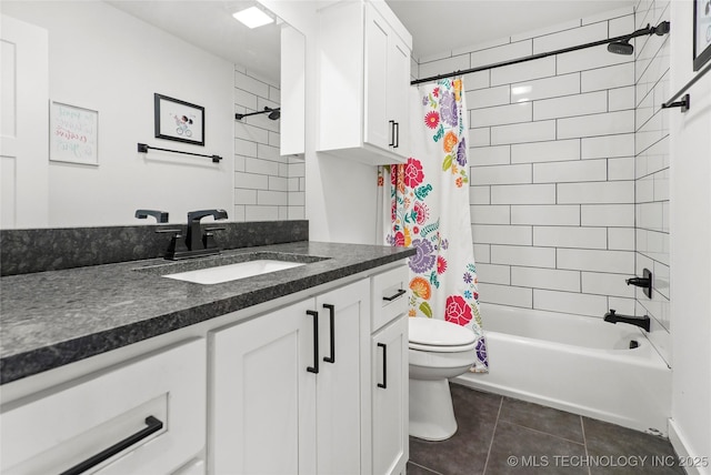 bathroom with shower / tub combo, vanity, toilet, and tile patterned floors