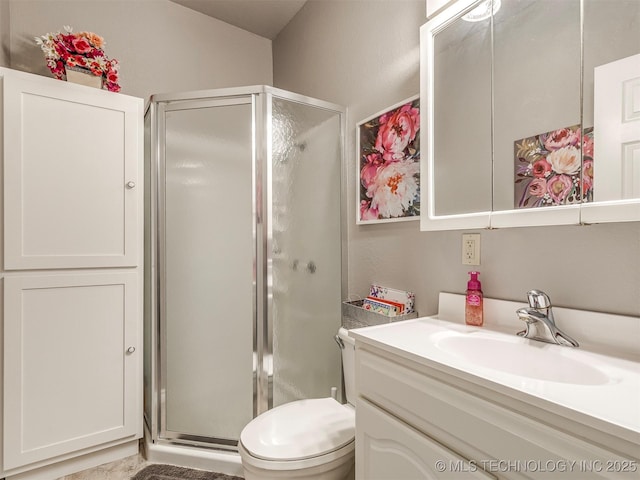 full bathroom featuring a stall shower, vanity, and toilet