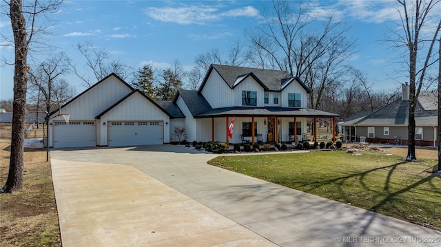 modern farmhouse with a front lawn, concrete driveway, a porch, and an attached garage