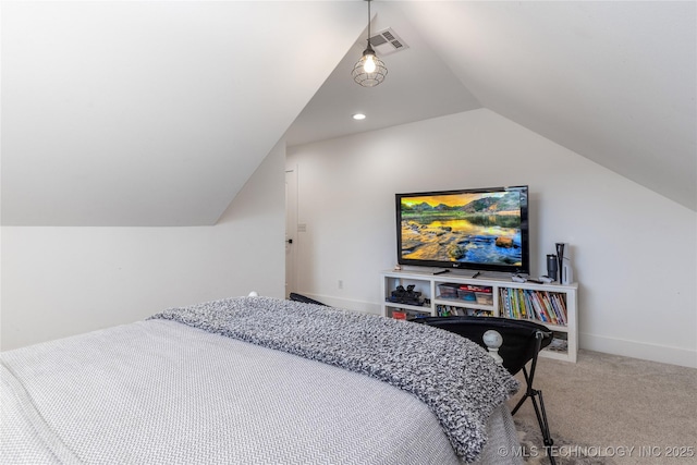 bedroom with visible vents, baseboards, lofted ceiling, carpet, and recessed lighting