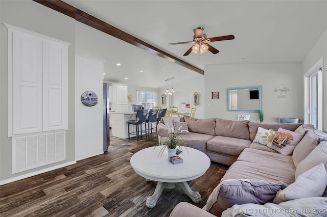 living area with visible vents, lofted ceiling with beams, dark wood-style floors, ceiling fan with notable chandelier, and recessed lighting