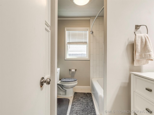 full bathroom featuring vanity, tile patterned flooring, toilet, and baseboards