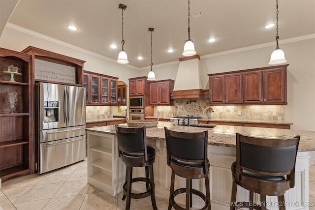 11870 S Oswego Ave, Tulsa, OK 74137 - kitchen with stainless steel appliances, open shelves, custom exhaust hood, decorative backsplash, and a spacious island