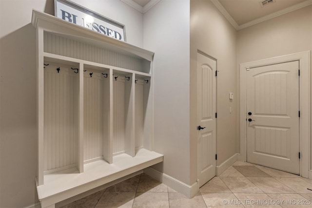 11870 S Oswego Ave, Tulsa, OK 74137 - mudroom with crown molding, tile patterned floors, and baseboards