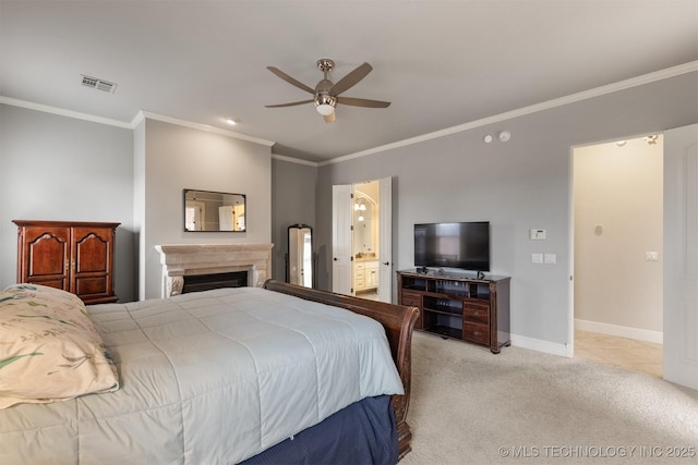 11870 S Oswego Ave, Tulsa, OK 74137 - bedroom with ornamental molding, light colored carpet, baseboards, ceiling fan, and a fireplace