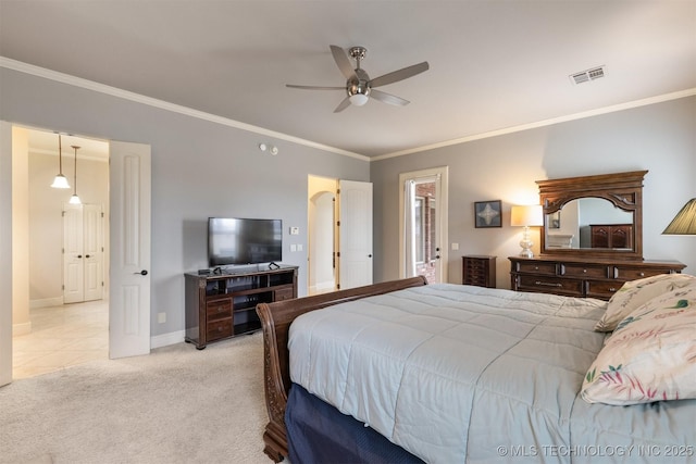 11870 S Oswego Ave, Tulsa, OK 74137 - bedroom with crown molding, light carpet, baseboards, and ceiling fan