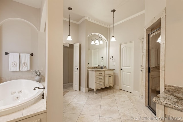 11870 S Oswego Ave, Tulsa, OK 74137 - bathroom with vanity, a jetted tub, ornamental molding, a stall shower, and a high ceiling